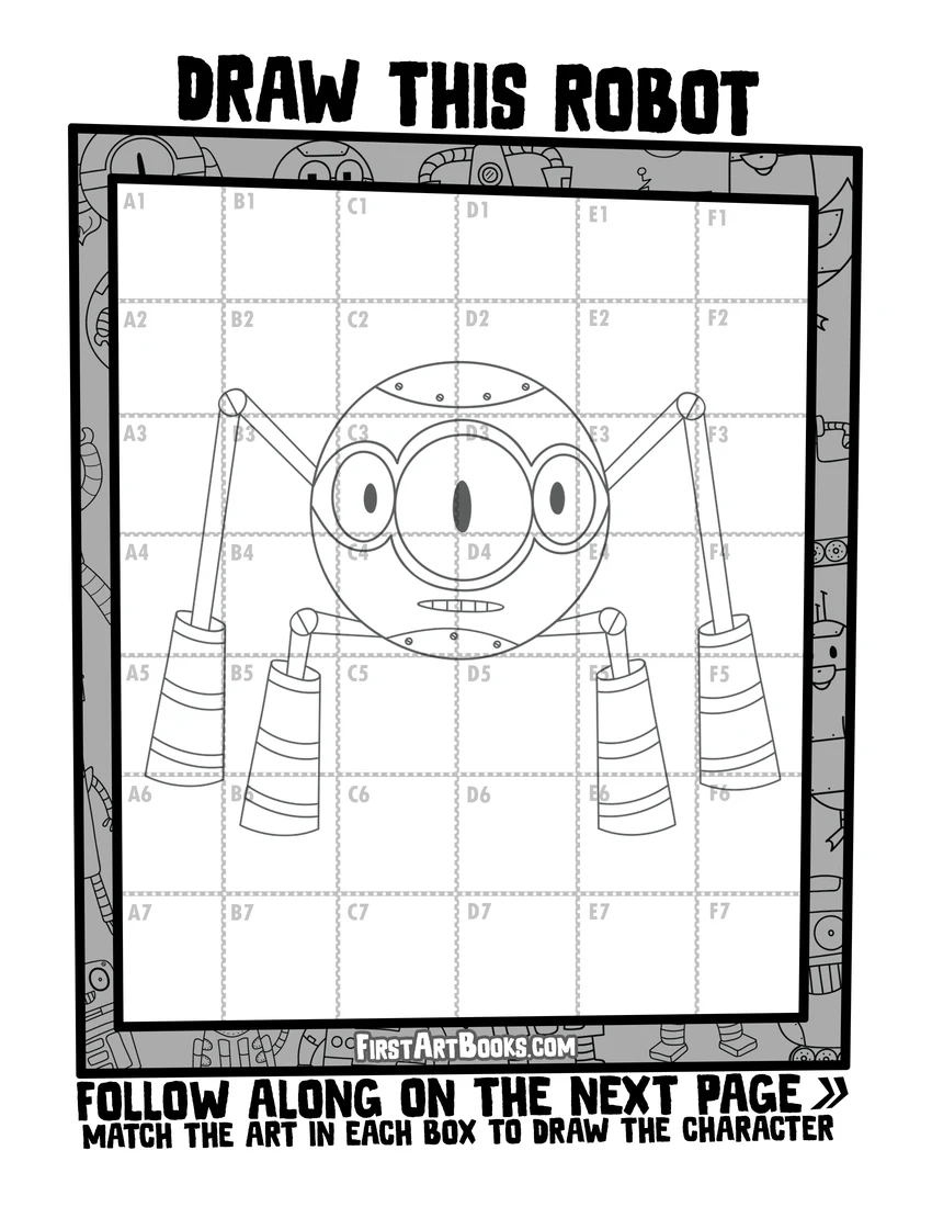 Three-eyed robot reference with a labeled six-column, seven-row drawing grid