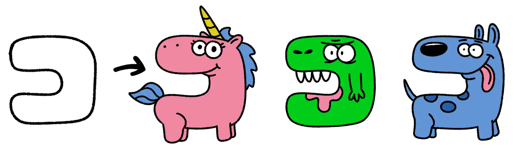 One original starting shape becomes three characters drawn by Kevin Coulston: a pink unicorn, a green monster, and a blue dog.