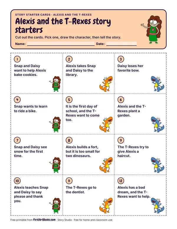 Printable Alexis and the T-Rexes story starter cards