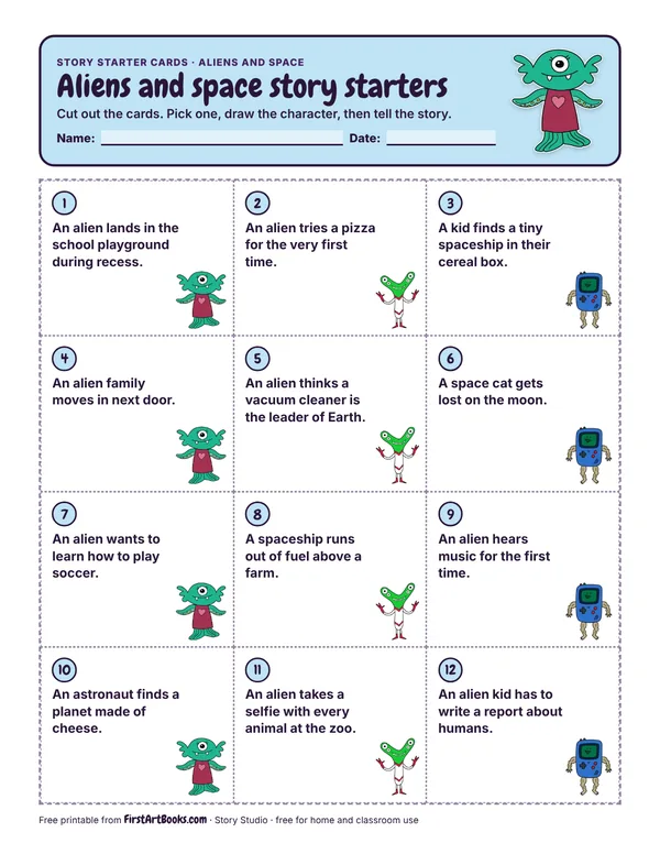 Printable Aliens and space story starter cards
