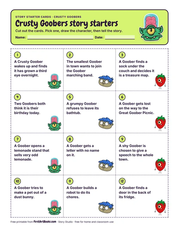 Printable Crusty Goobers story starter cards