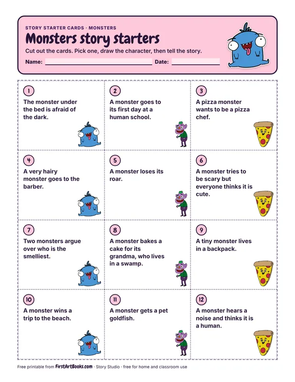Printable Monsters story starter cards