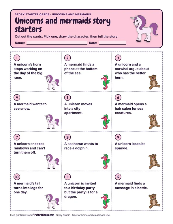 Printable Unicorns and mermaids story starter cards