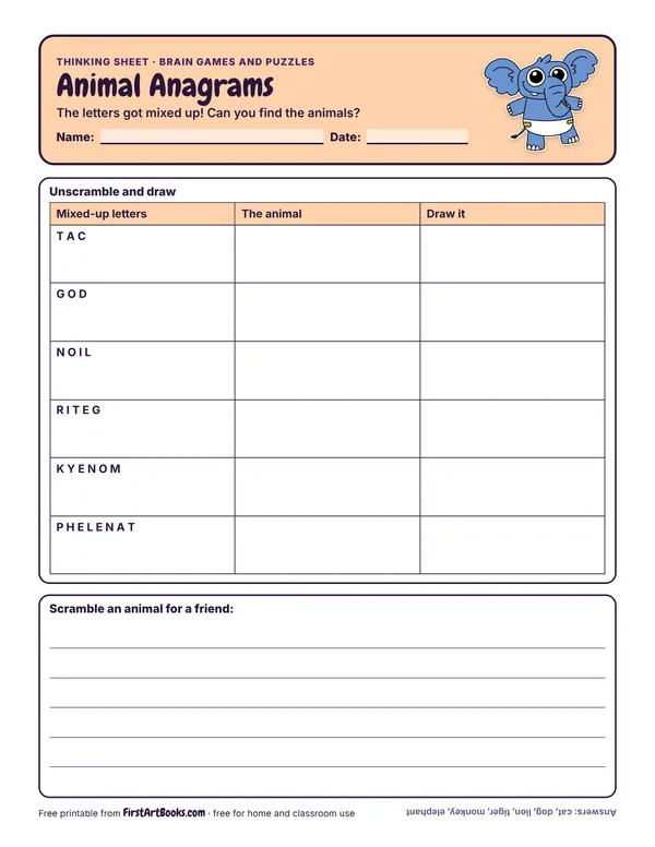 Preview of the Animal Anagrams thinking sheet