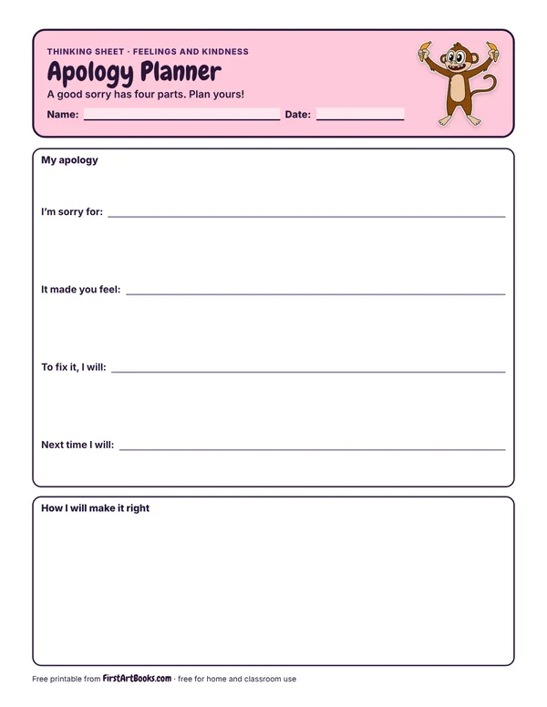Preview of the Apology Planner thinking sheet