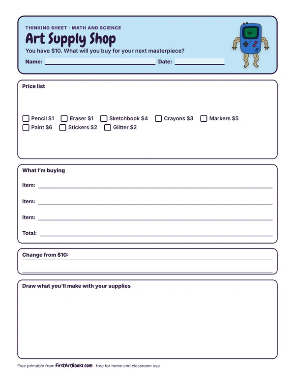 Art Supply Shop thinking sheet
