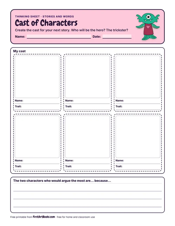 Preview of the Cast of Characters thinking sheet