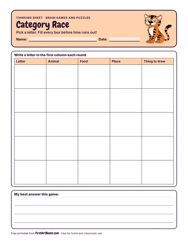 Preview of the Category Race thinking sheet