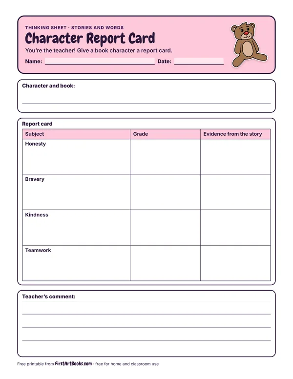 Preview of the Character Report Card thinking sheet