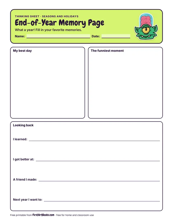 Preview of the End-of-Year Memory Page thinking sheet