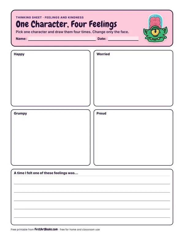 One Character, Four Feelings thinking sheet