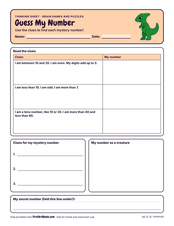 Preview of the Guess My Number thinking sheet