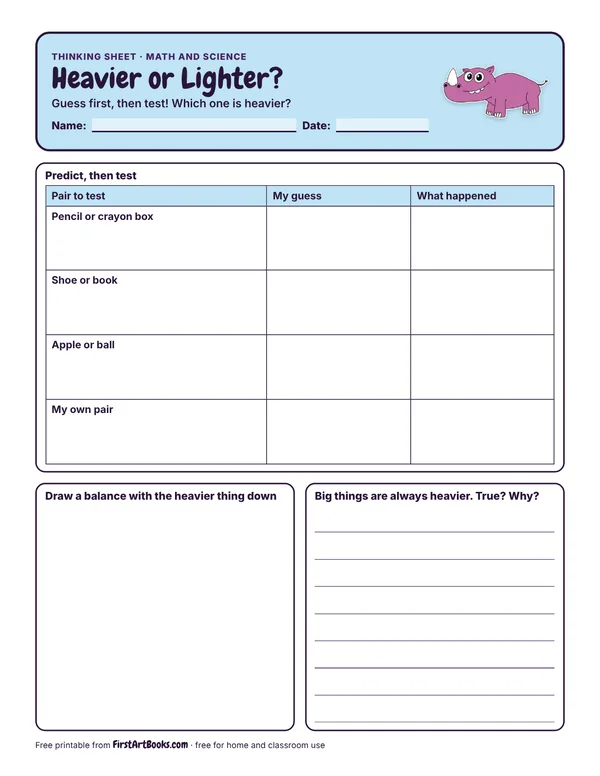 Preview of the Heavier or Lighter? thinking sheet