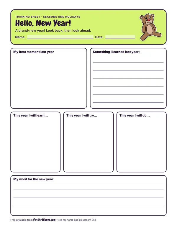 Preview of the Hello, New Year! thinking sheet