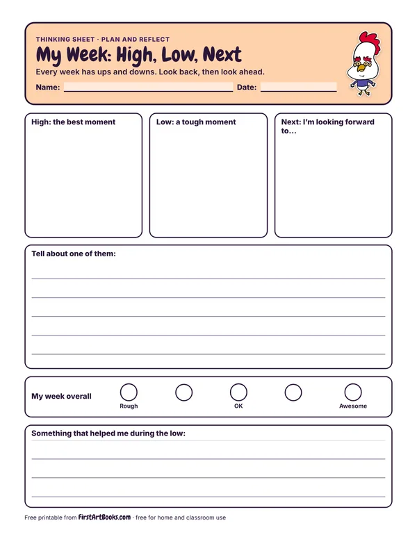 My Week: High, Low, Next thinking sheet