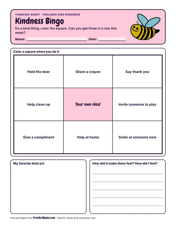 Kindness Bingo thinking sheet