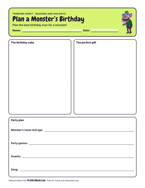 Preview of the Plan a Monster’s Birthday thinking sheet