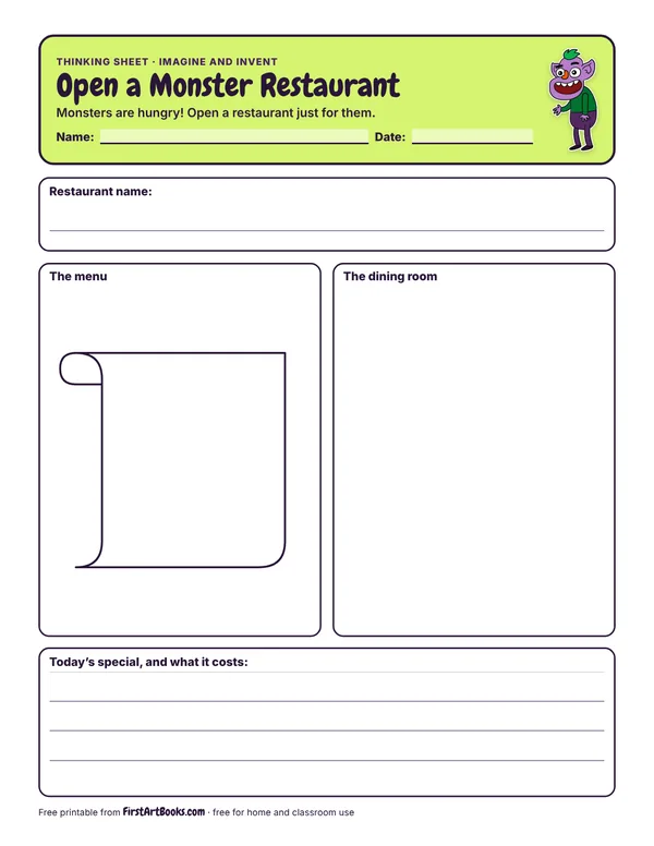 Preview of the Open a Monster Restaurant thinking sheet