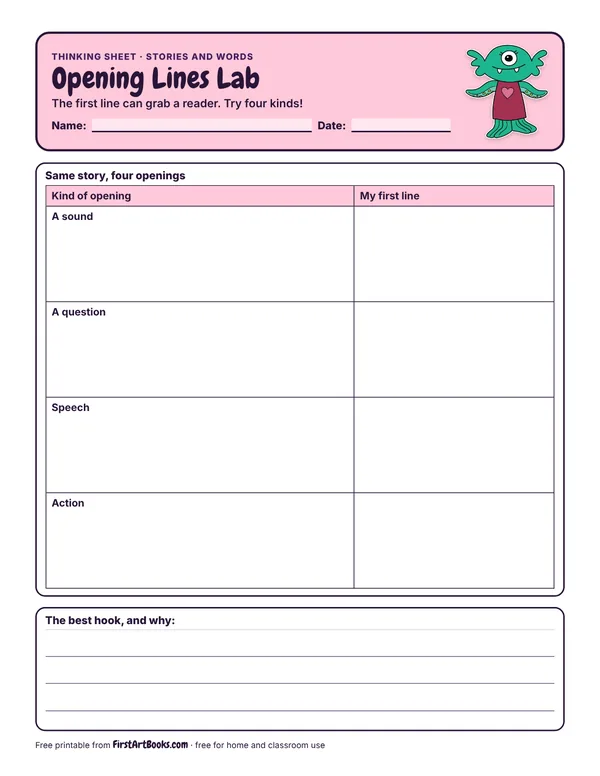 Preview of the Opening Lines Lab thinking sheet