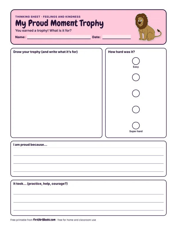 My Proud Moment Trophy thinking sheet