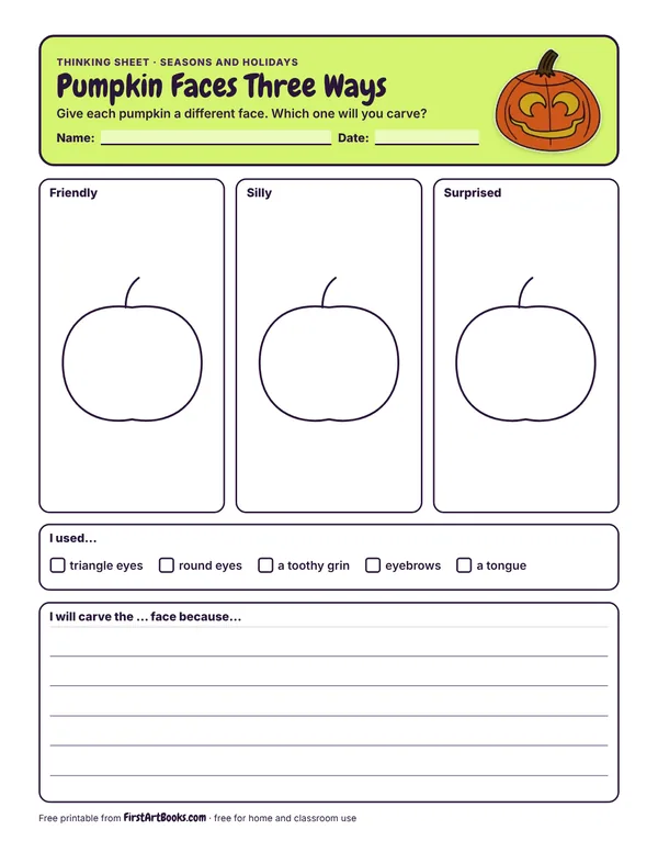 Pumpkin Faces Three Ways thinking sheet