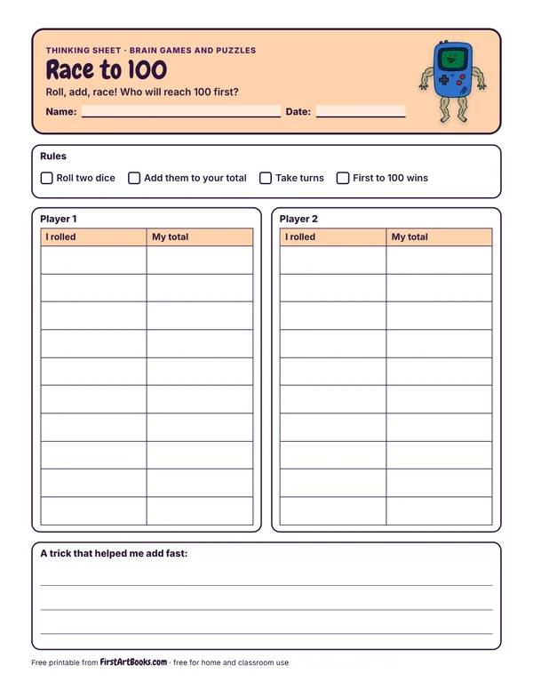 Preview of the Race to 100 thinking sheet