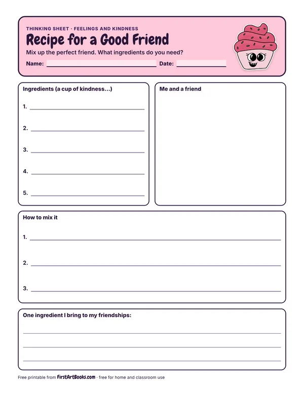 Recipe for a Good Friend thinking sheet