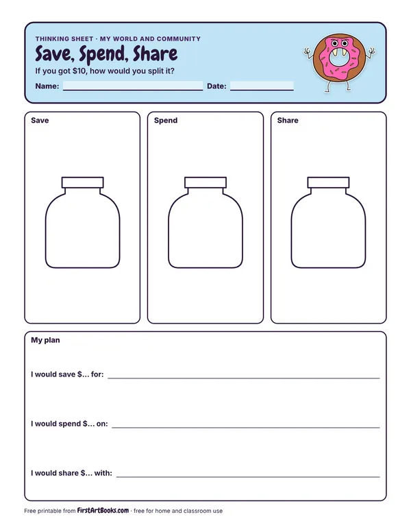 Preview of the Save, Spend, Share thinking sheet