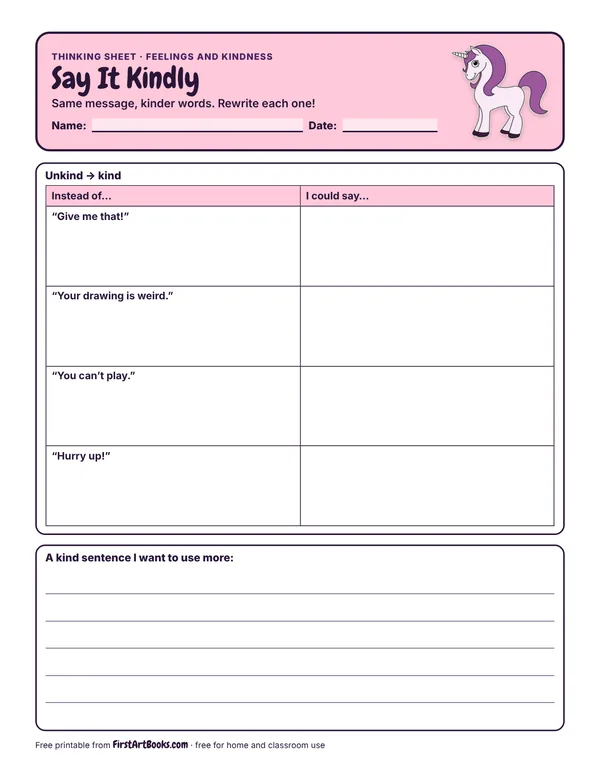Preview of the Say It Kindly thinking sheet