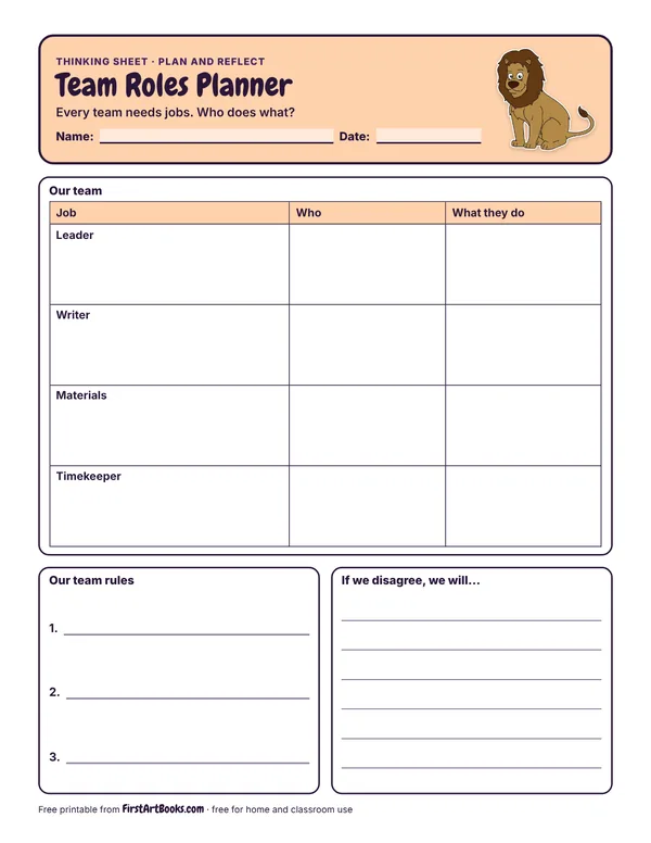 Preview of the Team Roles Planner thinking sheet