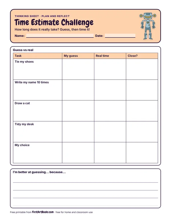 Preview of the Time Estimate Challenge thinking sheet