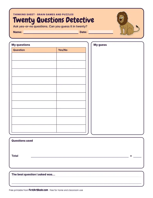 Preview of the Twenty Questions Detective thinking sheet