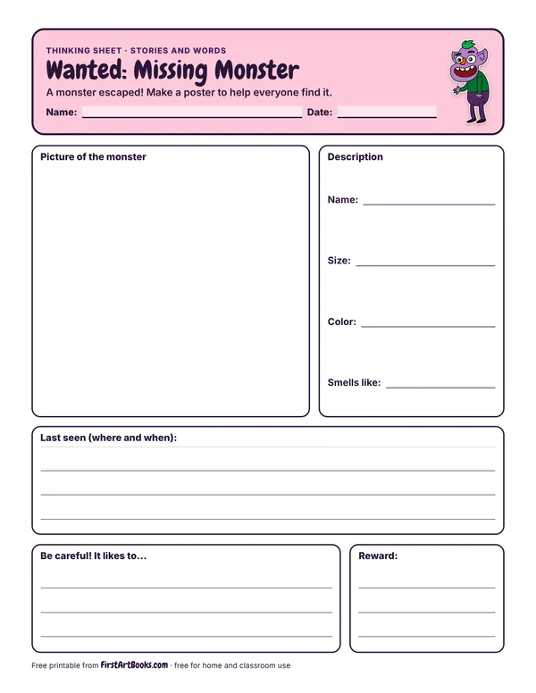 Wanted: Missing Monster thinking sheet