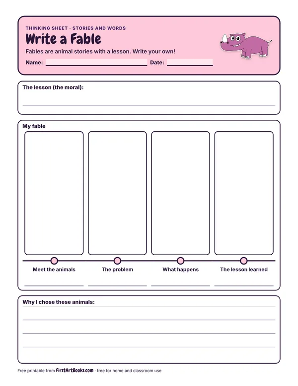 Preview of the Write a Fable thinking sheet