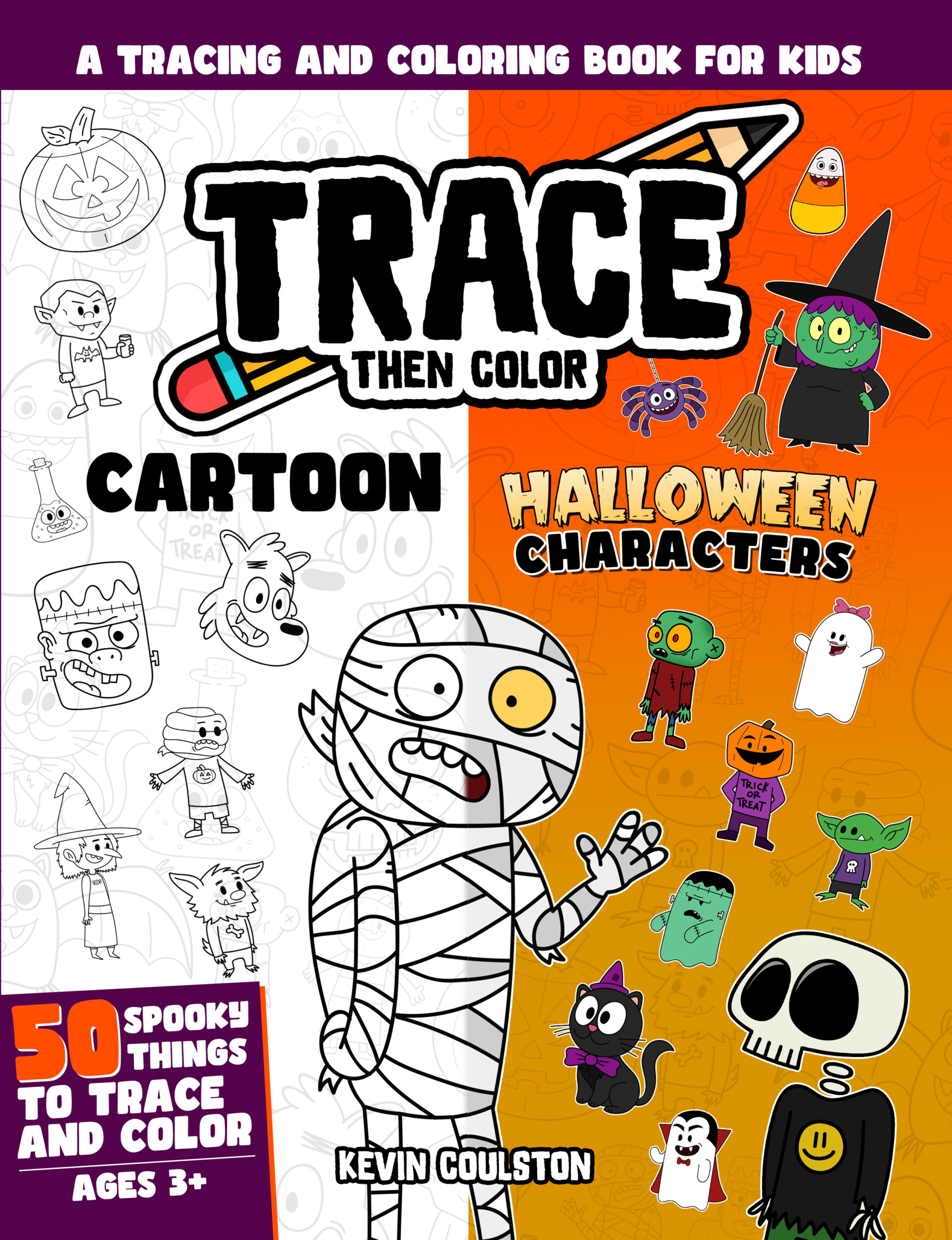 Trace Then Color: Cartoon Halloween Characters